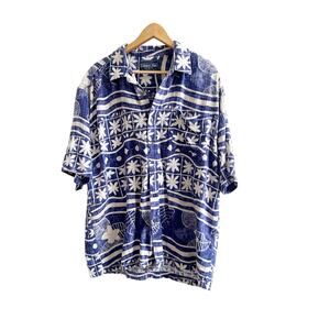 Common Man 100% Collared Silk Hawaiian Shirt Blue Tan Size XL